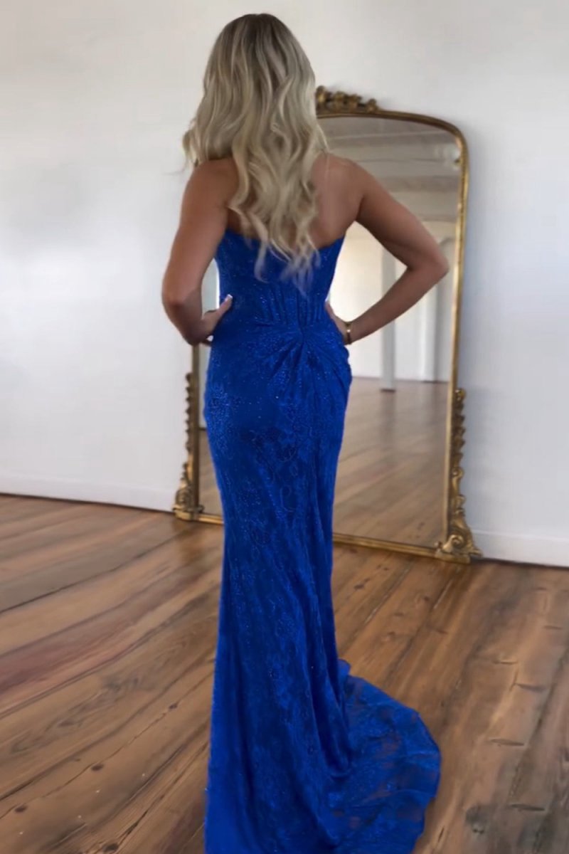 Strapless Lace Ruched Mermaid Prom Dresses with Slit