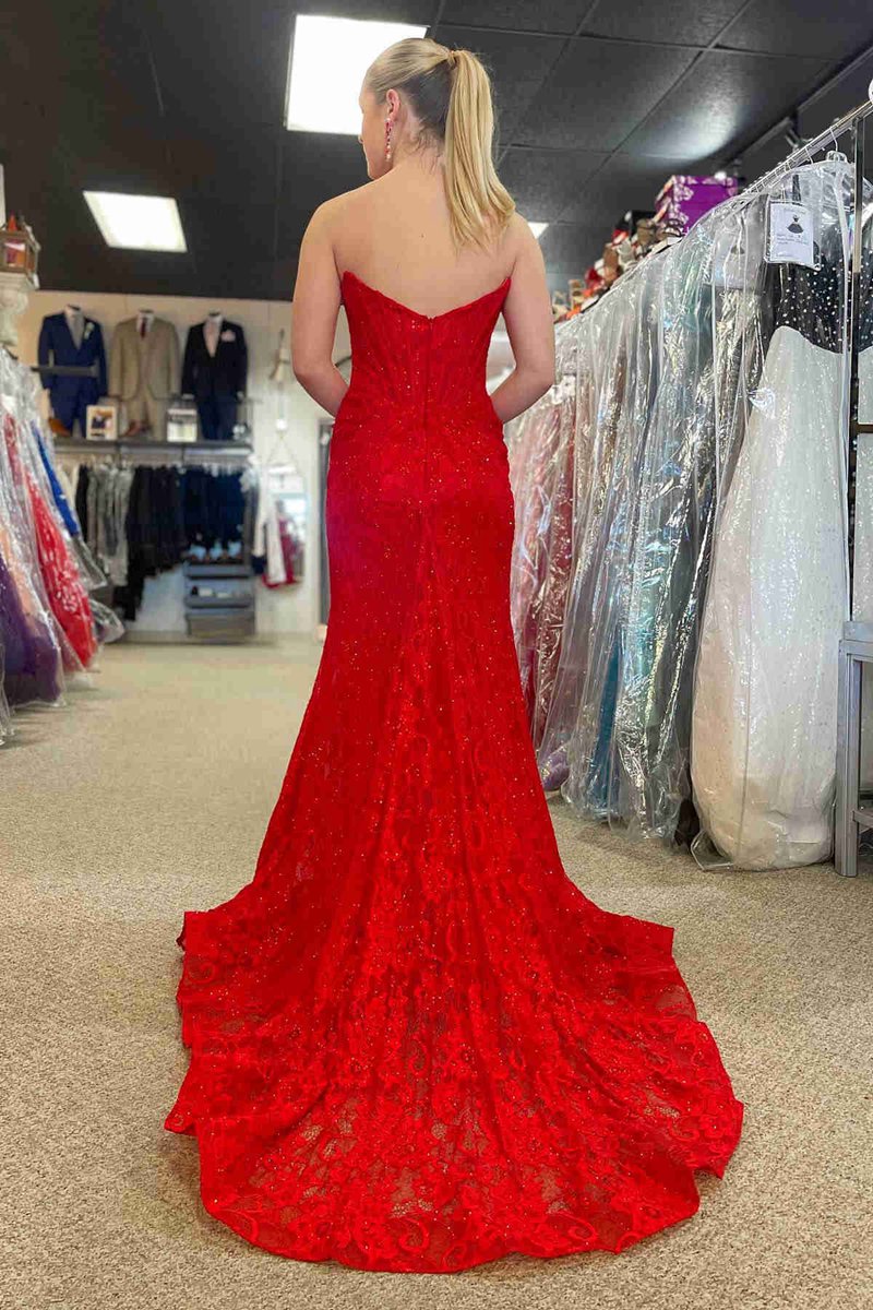 Strapless Lace Ruched Mermaid Prom Dresses with Slit