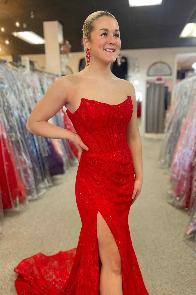Strapless Lace Ruched Mermaid Prom Dresses with Slit