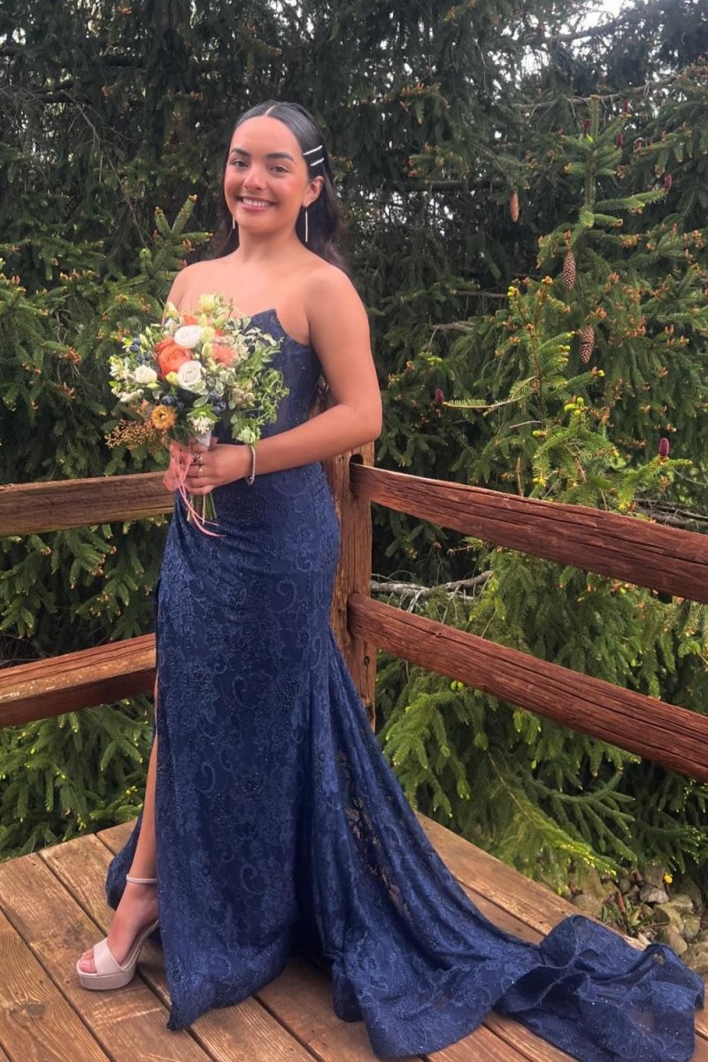 Strapless Lace Ruched Mermaid Prom Dresses with Slit