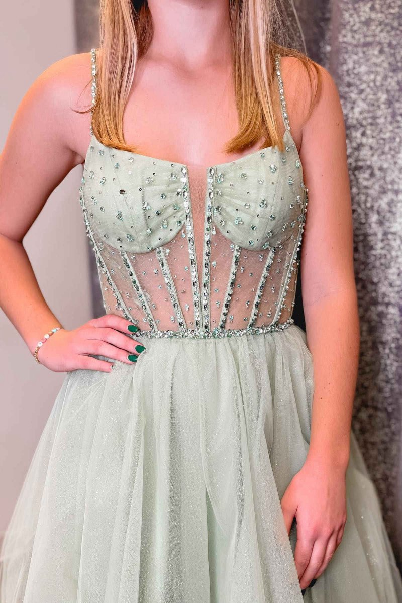 Sage Straps Sequin Beaded A-line Tulle Prom Dresses