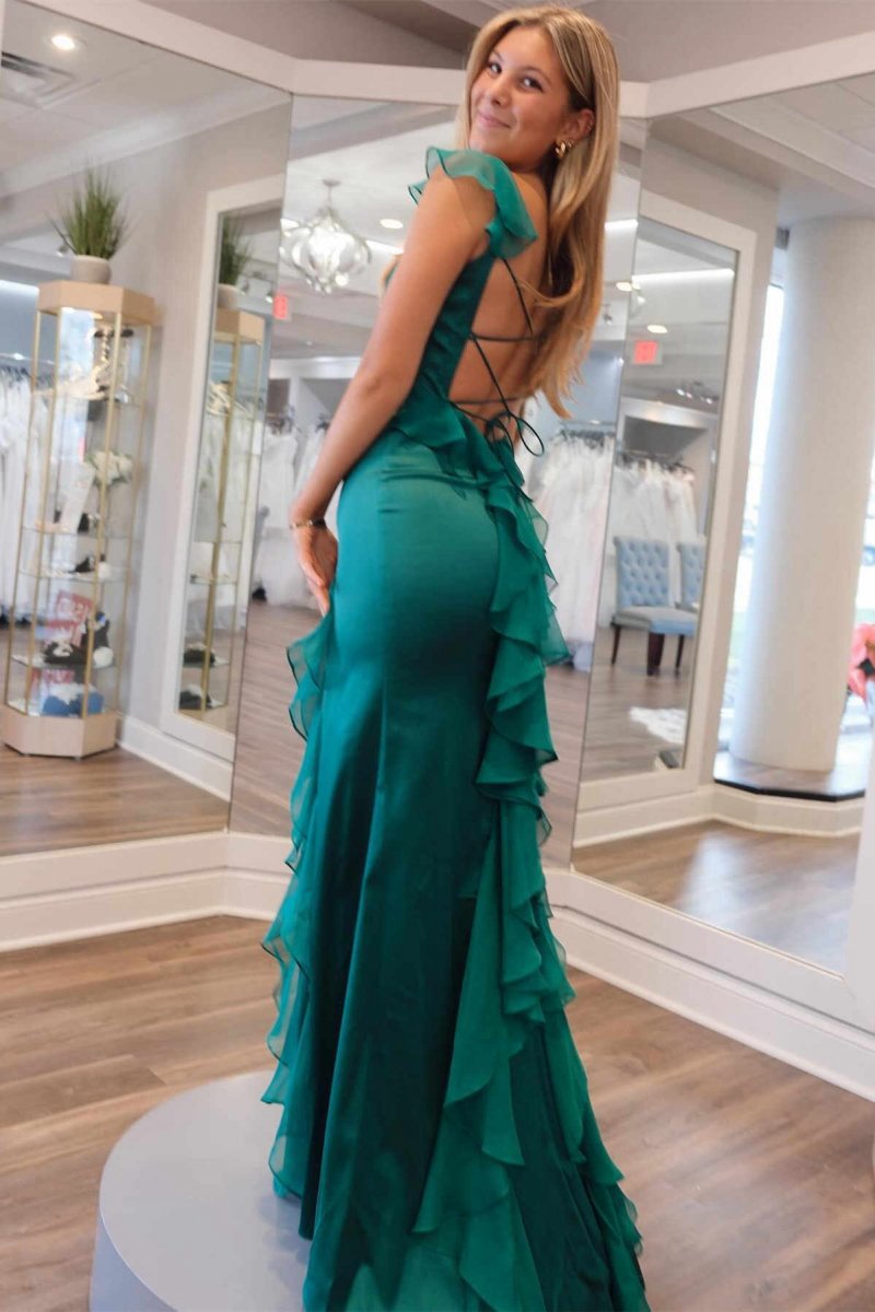 Square Neck Ruffle Slit Prom Dresses