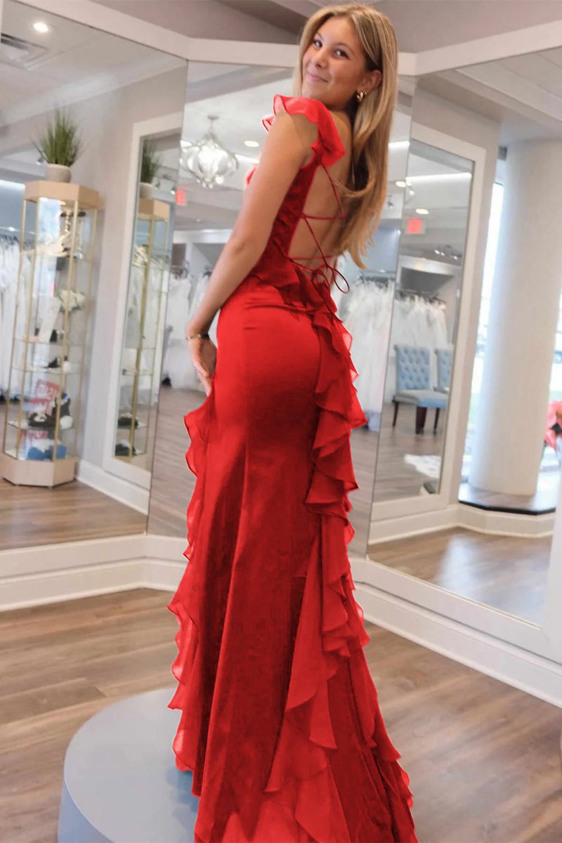 Square Neck Ruffle Slit Prom Dresses