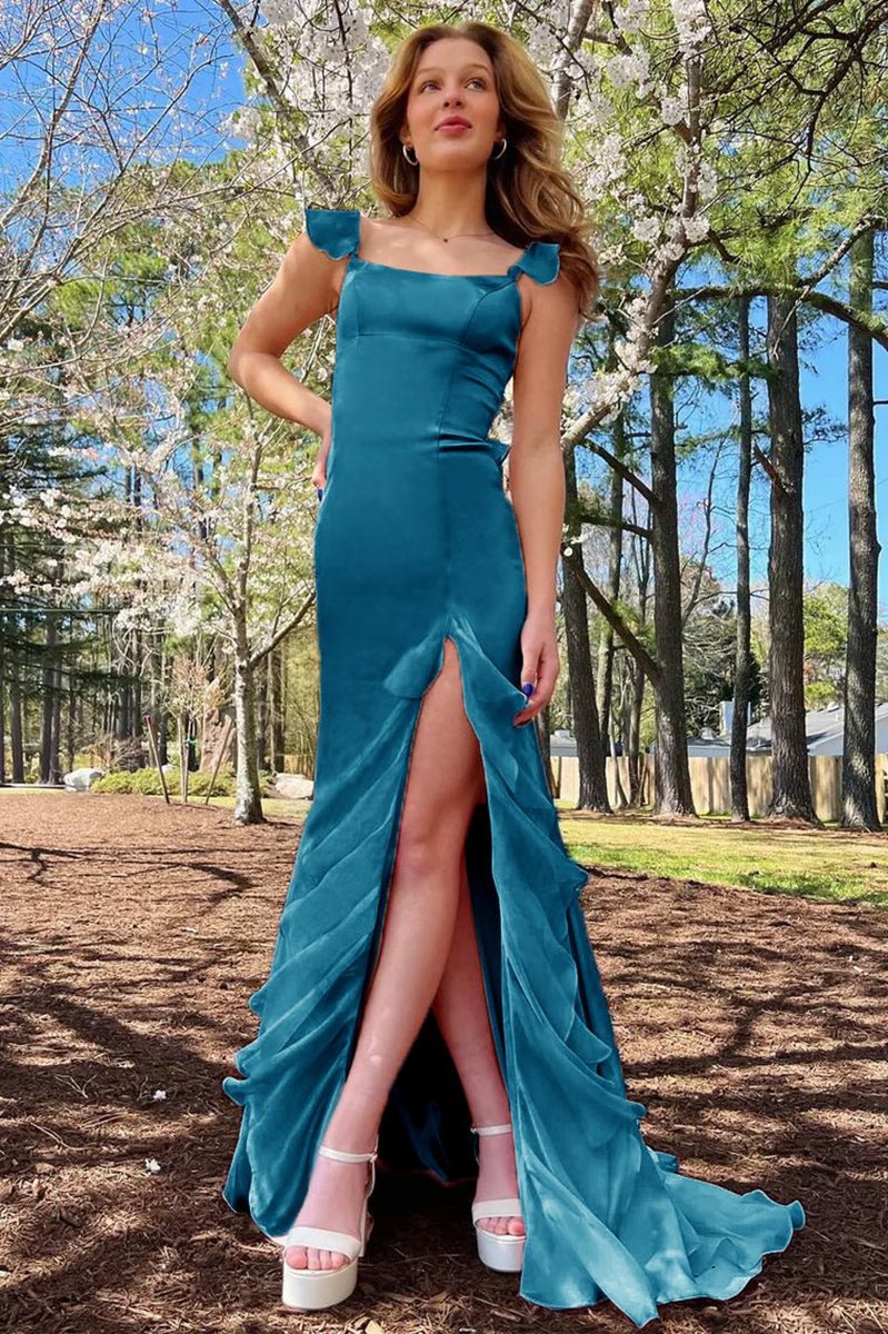 Square Neck Ruffle Slit Prom Dresses