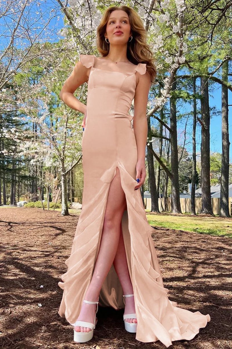 Square Neck Ruffle Slit Prom Dresses