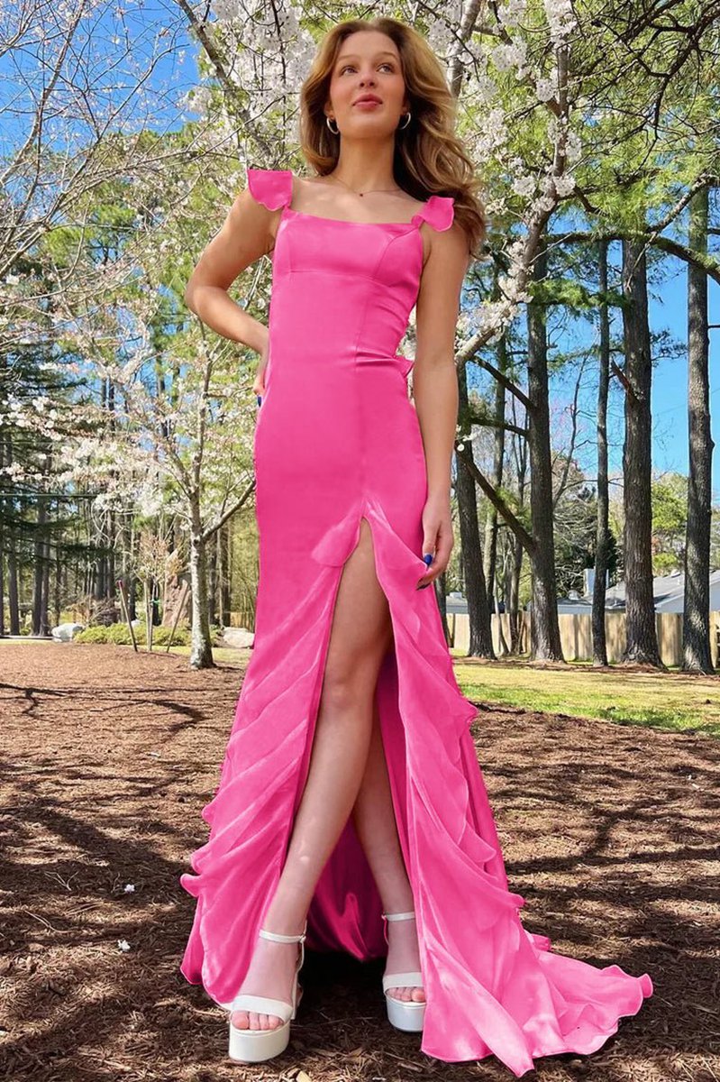 Square Neck Ruffle Slit Prom Dresses