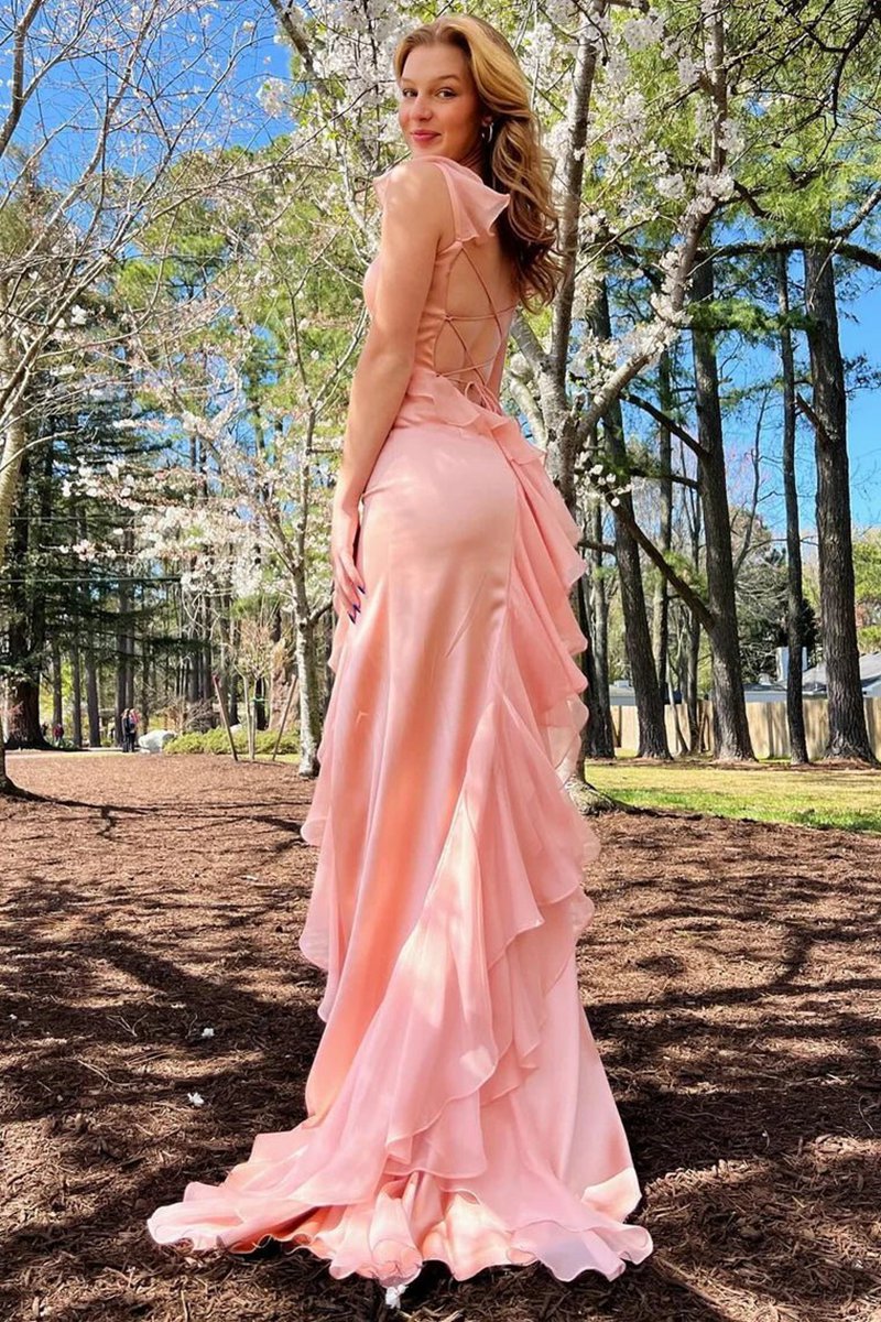 Square Neck Ruffle Slit Prom Dresses