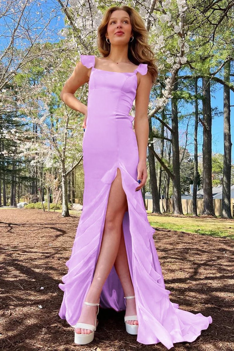 Square Neck Ruffle Slit Prom Dresses