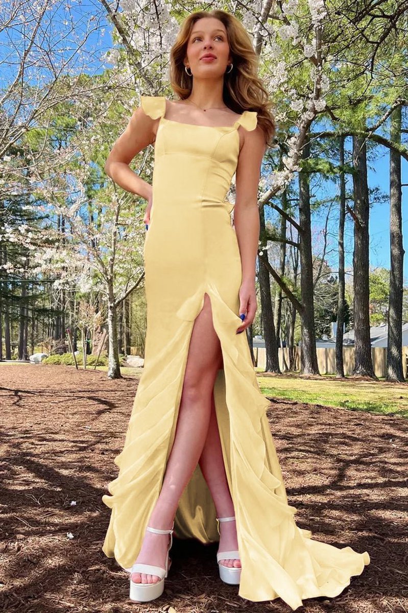 Square Neck Ruffle Slit Prom Dresses