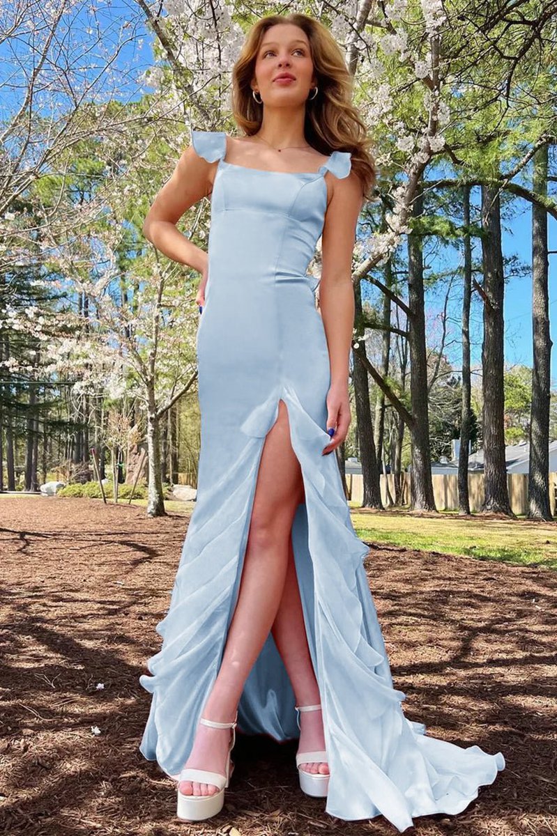 Square Neck Ruffle Slit Prom Dresses