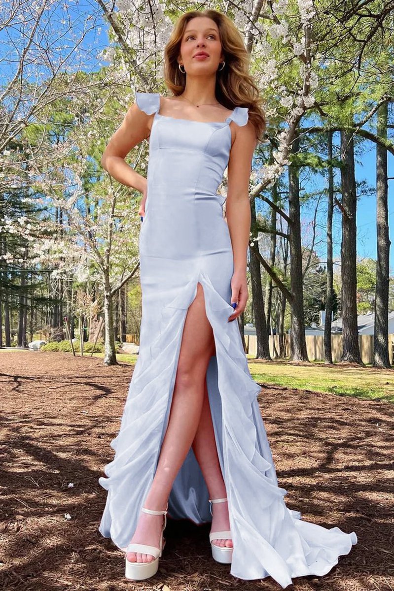 Square Neck Ruffle Slit Prom Dresses