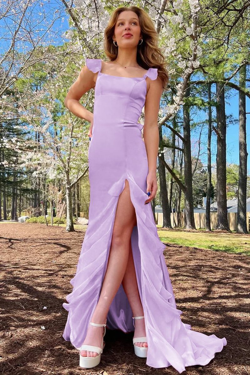 Square Neck Ruffle Slit Prom Dresses