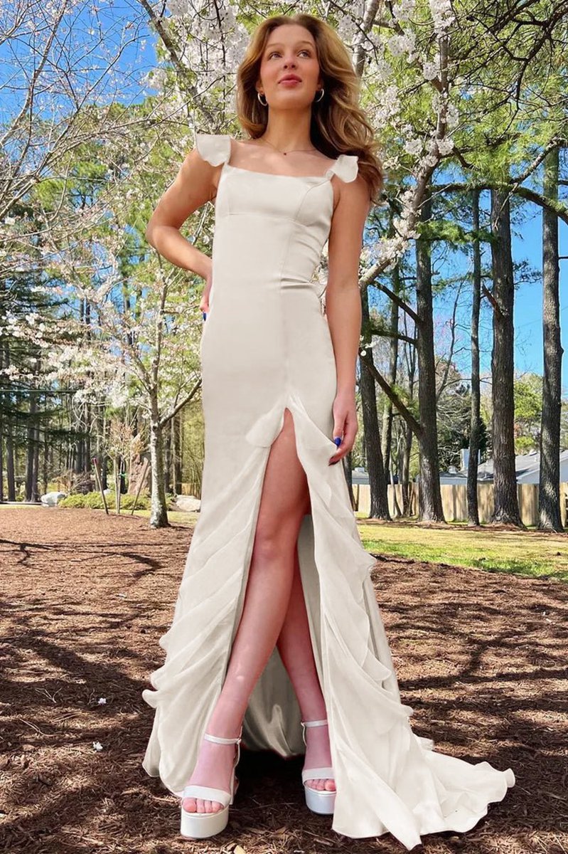 Square Neck Ruffle Slit Prom Dresses