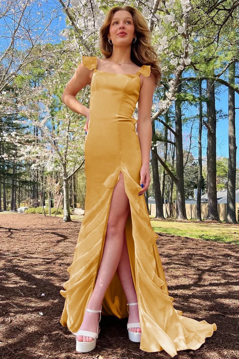 Square Neck Ruffle Slit Prom Dresses