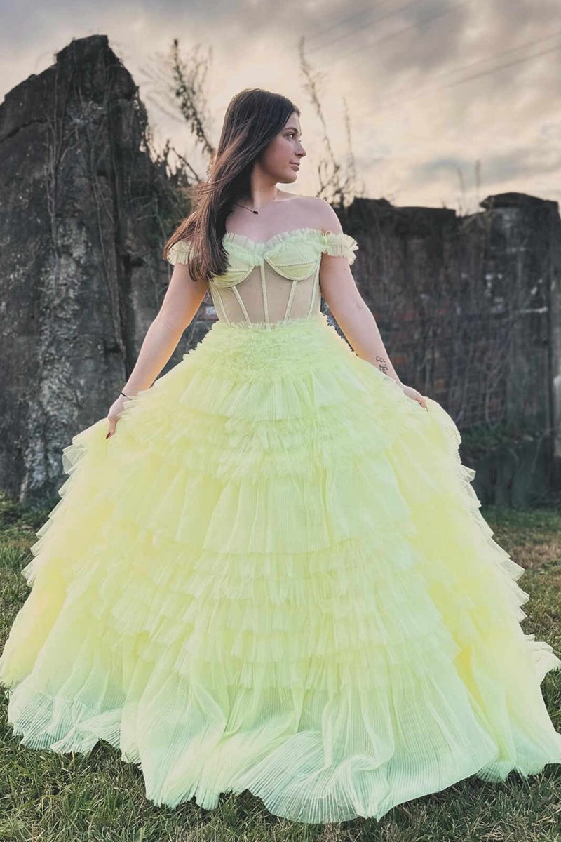 Off the Shoulder Light Ruffle Layered Prom Dresses
