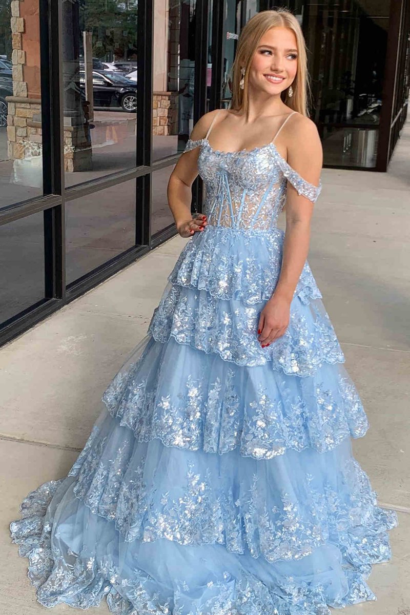 Tulle Sequin Cold-Shoulder Ruffle Tie Long Prom Dresses