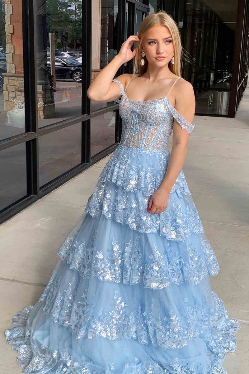 Tulle Sequin Cold-Shoulder Ruffle Tie Long Prom Dresses