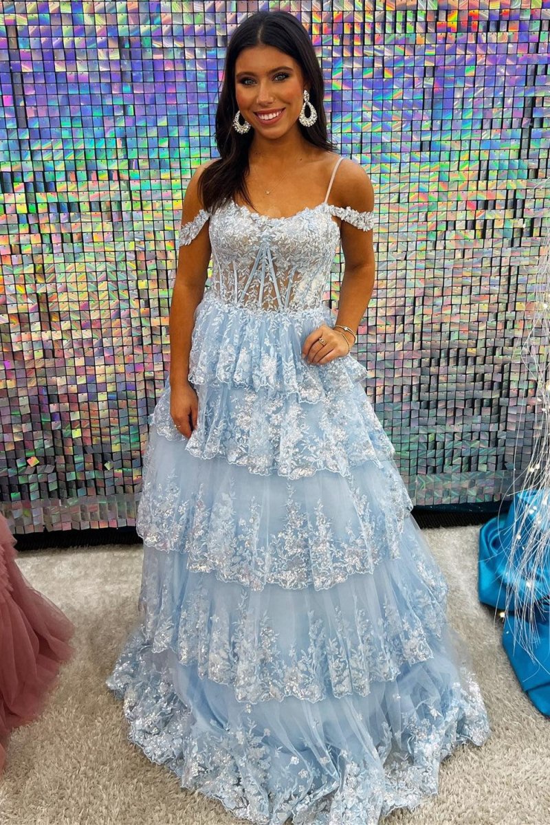 Tulle Sequin Cold-Shoulder Ruffle Tie Long Prom Dresses