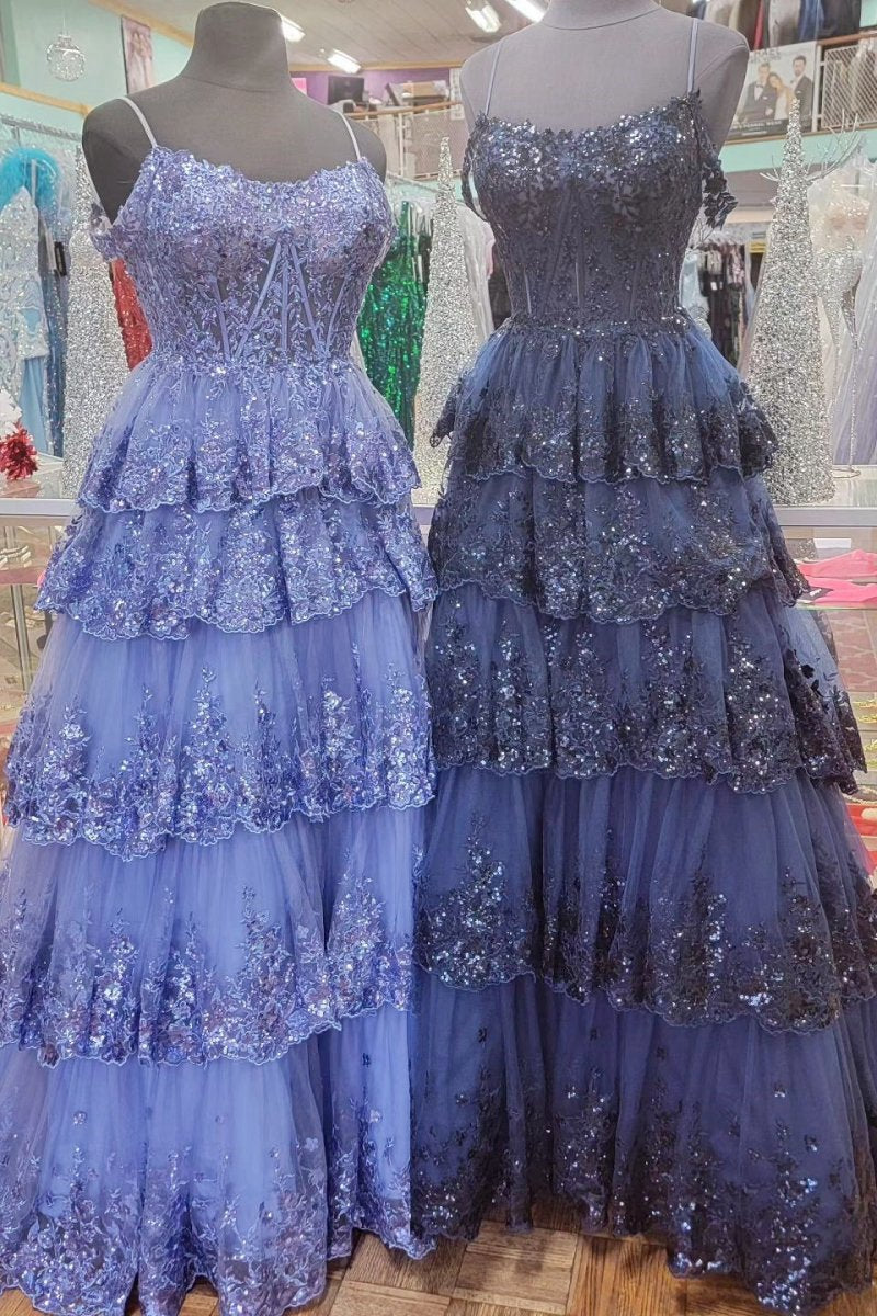 Tulle Sequin Cold-Shoulder Ruffle Tie Long Prom Dresses