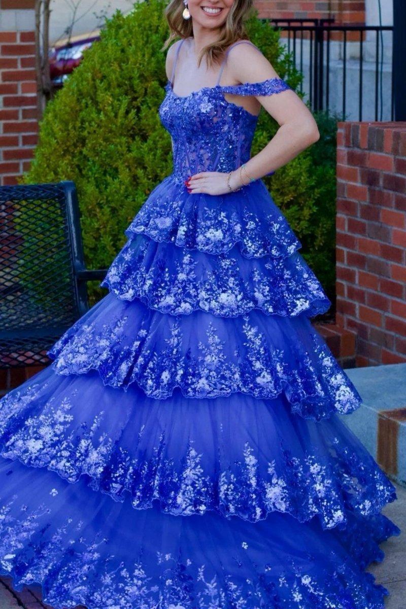 Tulle Sequin Cold-Shoulder Ruffle Tie Long Prom Dresses