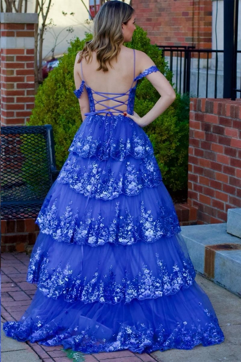 Tulle Sequin Cold-Shoulder Ruffle Tie Long Prom Dresses
