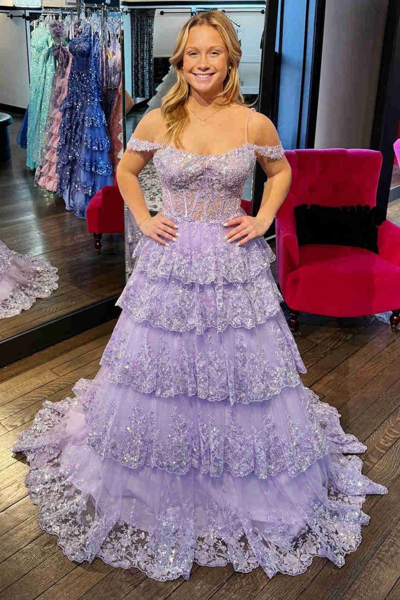 Tulle Sequin Cold-Shoulder Ruffle Tie Long Prom Dresses