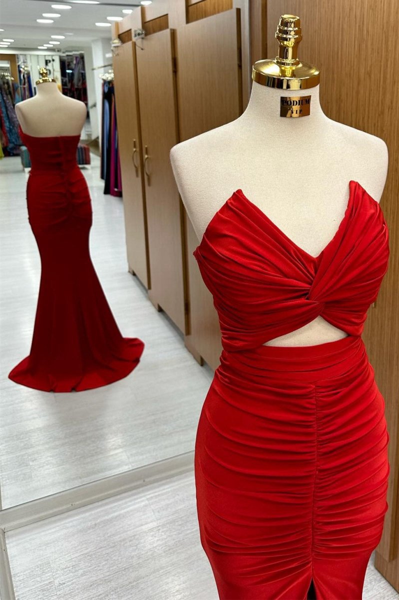 Strapless Twisted Knot Mermaid Long Formal Dresses with Slit