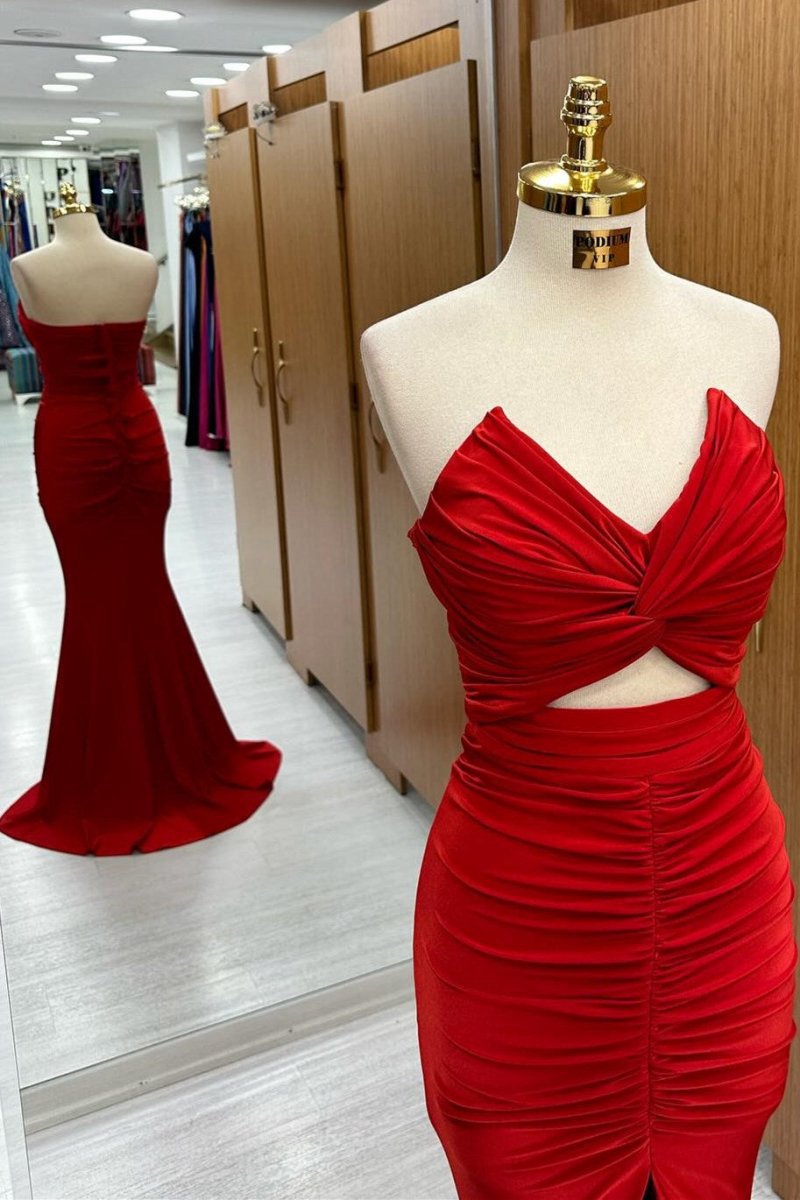 Strapless Twisted Knot Mermaid Long Formal Dresses with Slit