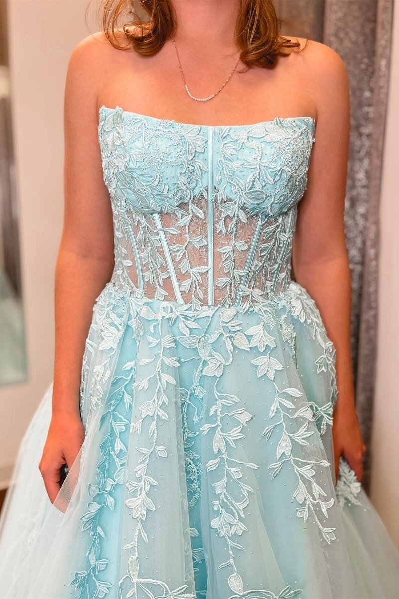 Appliques Strapless A-line Long Prom Dresses