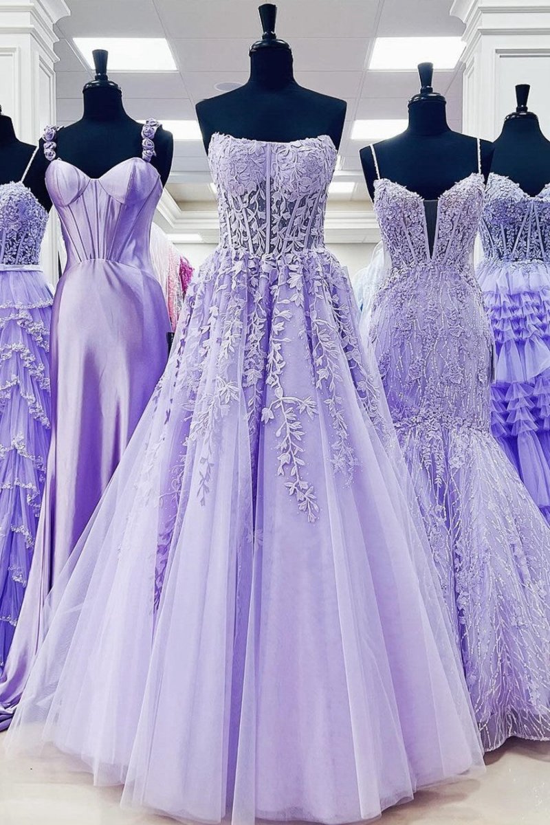 Appliques Strapless A-line Long Prom Dresses