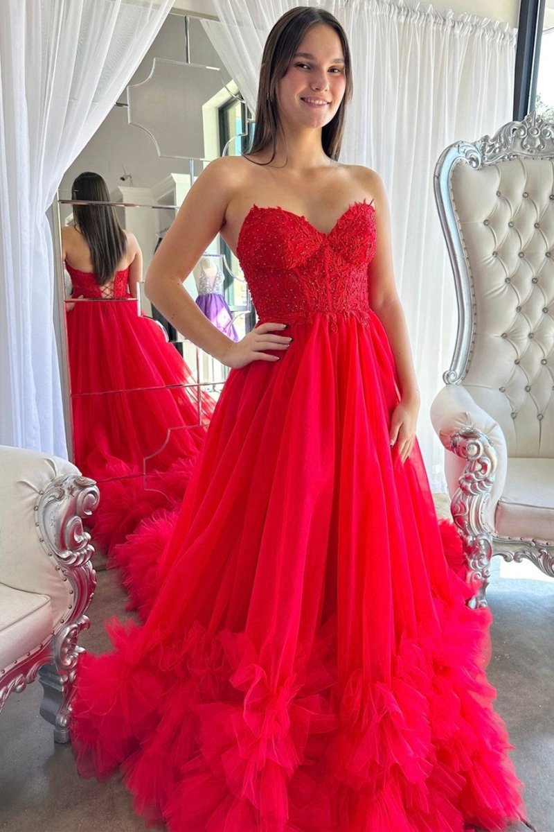 Tulle Appliques Sweetheart Ruffle Long Prom Dresses