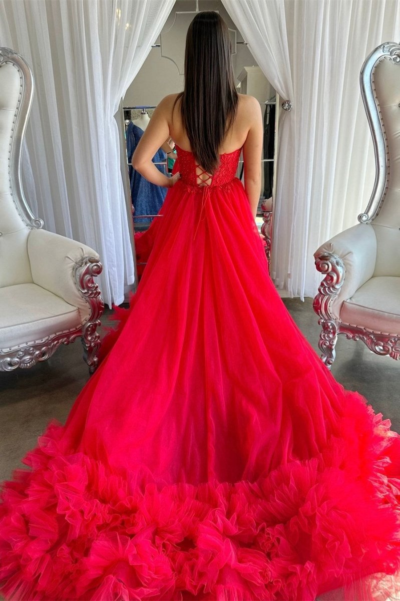 Tulle Appliques Sweetheart Ruffle Long Prom Dresses