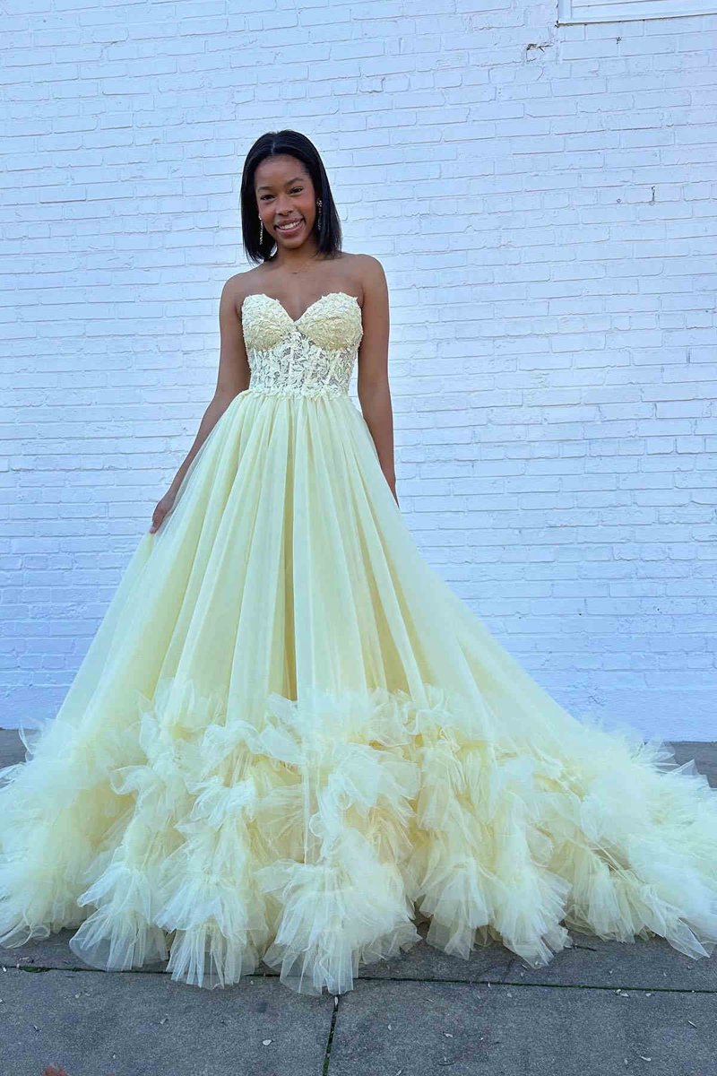 Tulle Appliques Sweetheart Ruffle Long Prom Dresses
