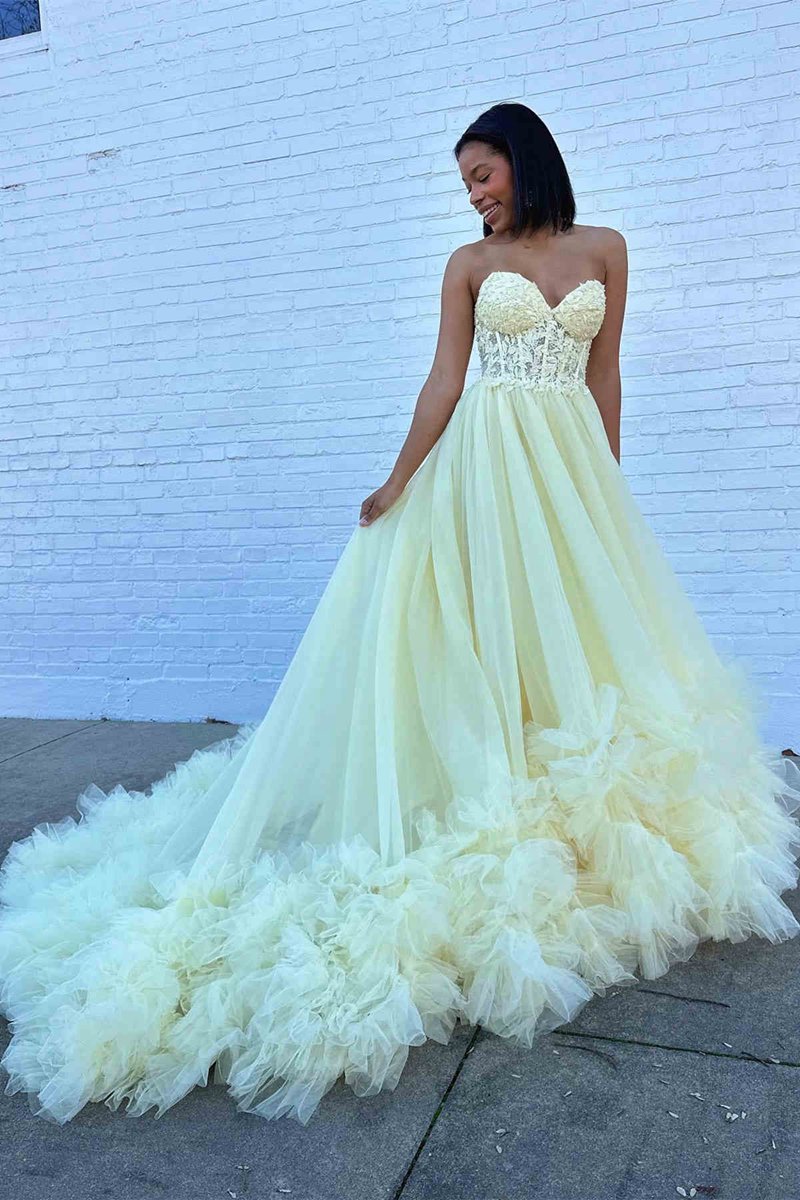 Tulle Appliques Sweetheart Ruffle Long Prom Dresses