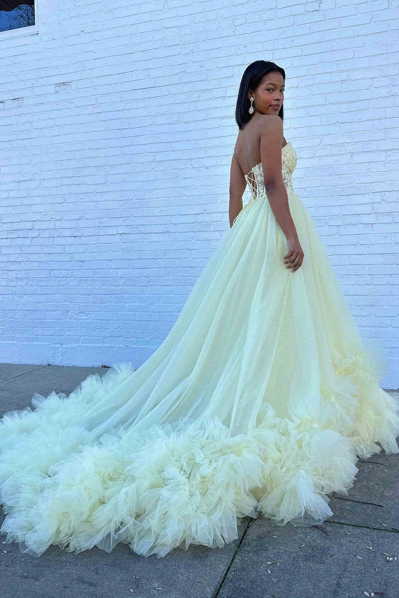Tulle Appliques Sweetheart Ruffle Long Prom Dresses