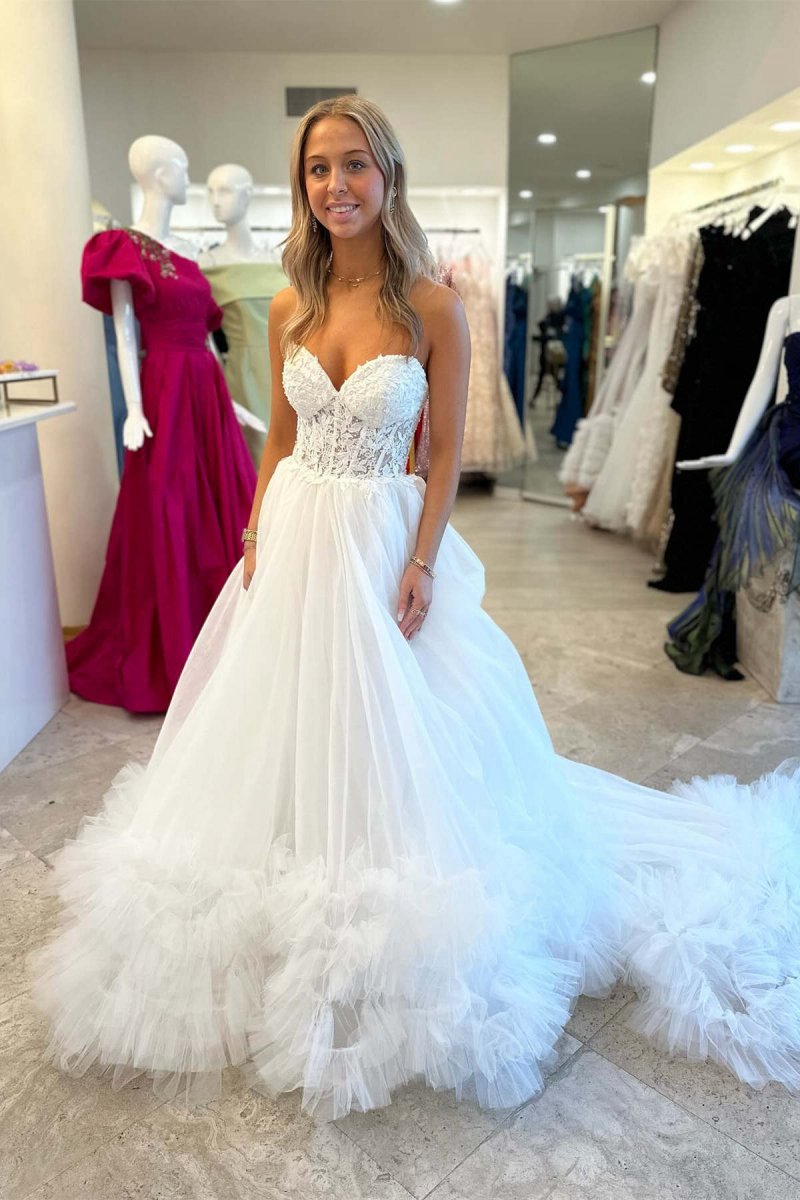 Tulle Appliques Sweetheart Ruffle Long Prom Dresses