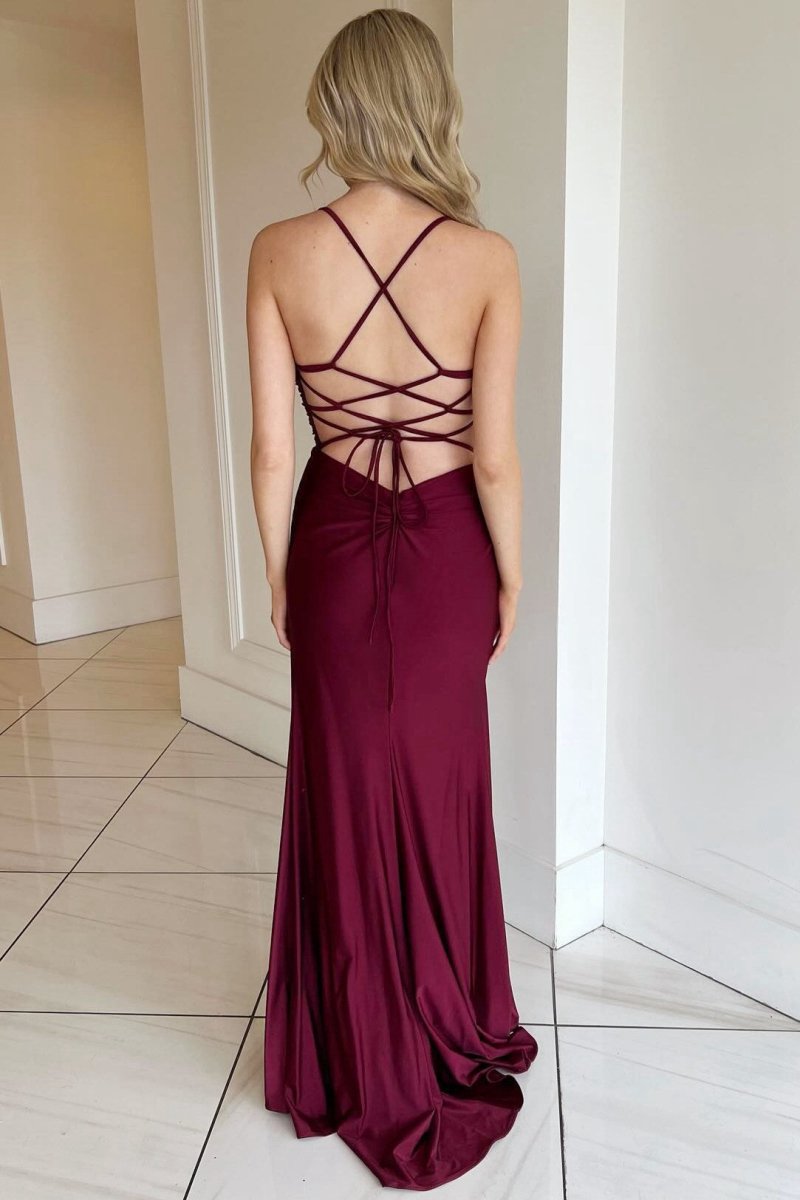 V-Neck Lace-Up Long Formal Dresses with Slit