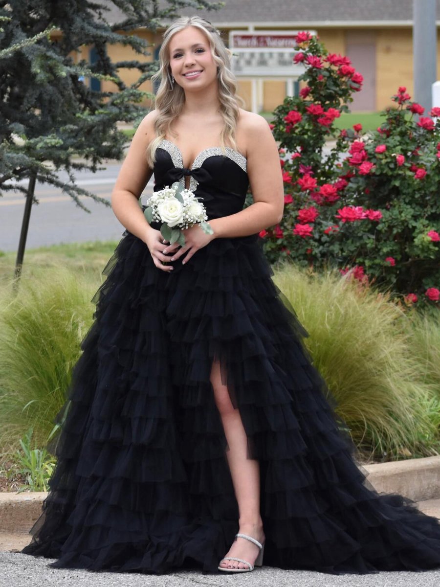 Strapless Bow Ruffle Long Prom Dresses with Slit
