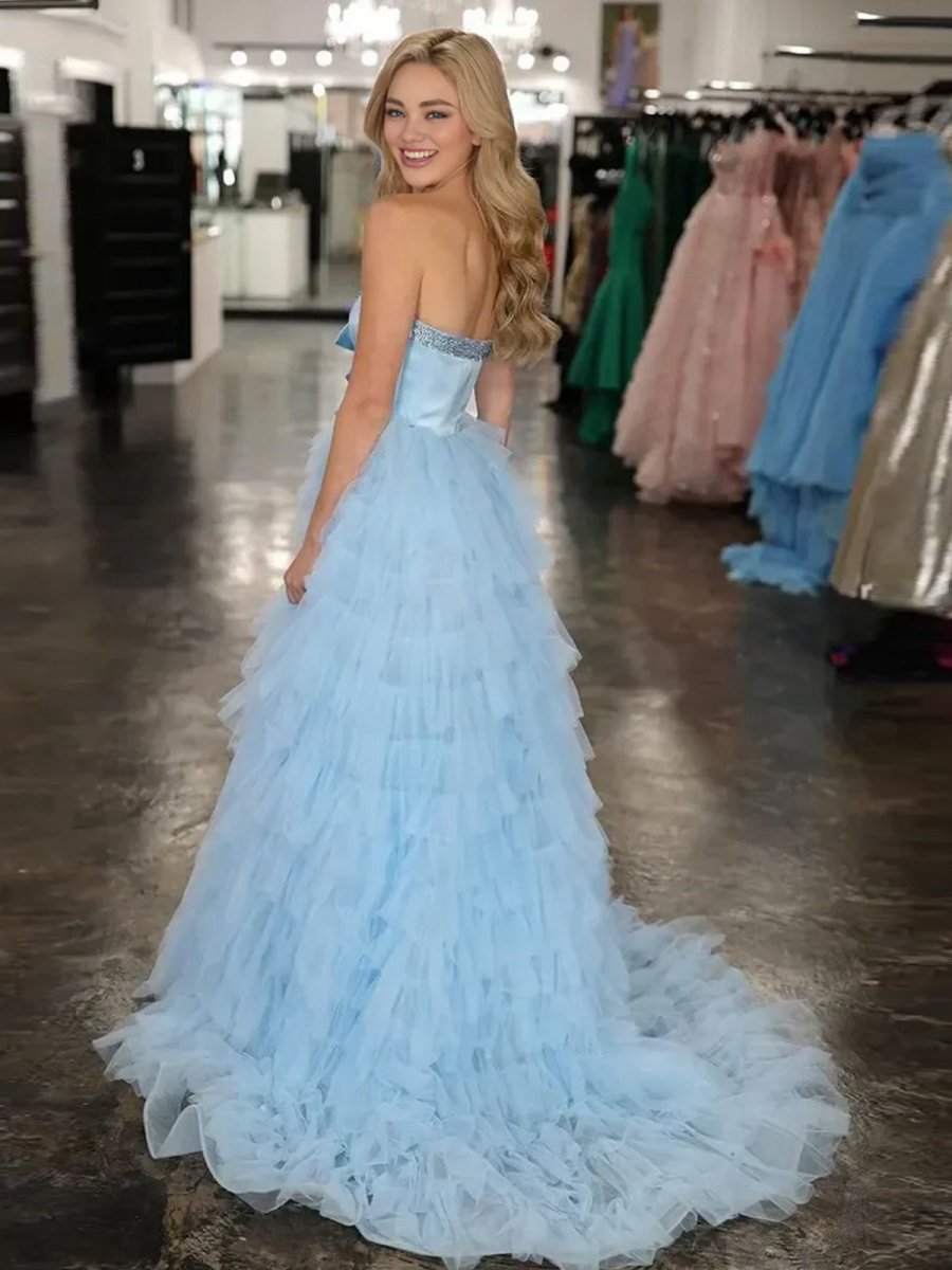 Strapless Bow Ruffle Long Prom Dresses with Slit