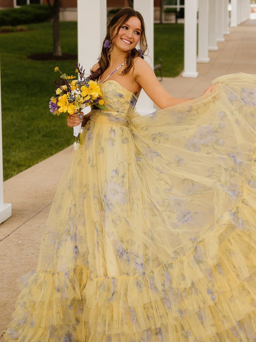 Print Halter Keyhole A-line Long Prom Dresses