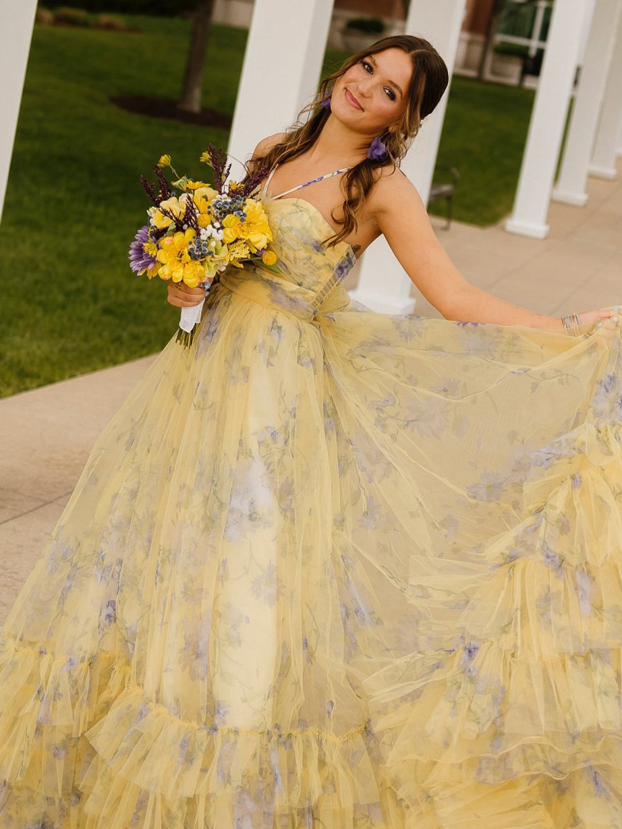 Print Halter Keyhole A-line Long Prom Dresses