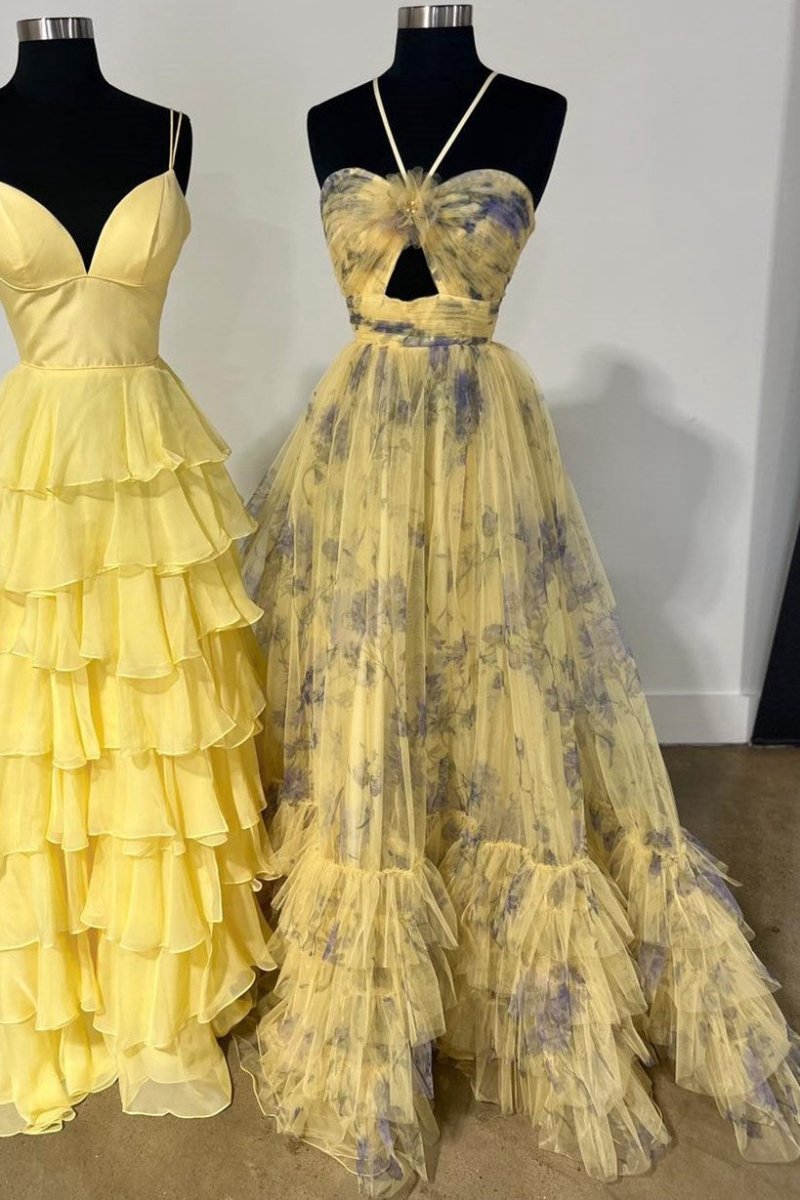 Print Halter Keyhole A-line Long Prom Dresses