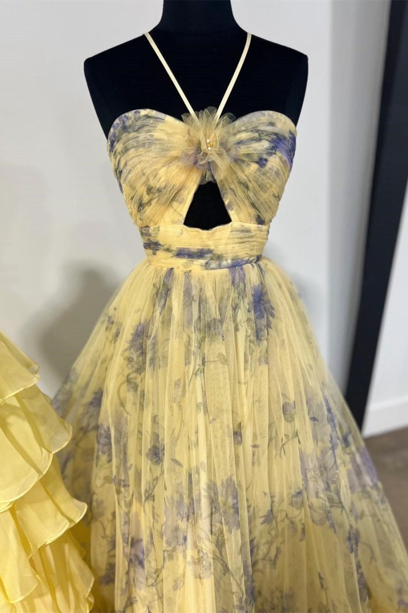 Print Halter Keyhole A-line Long Prom Dresses