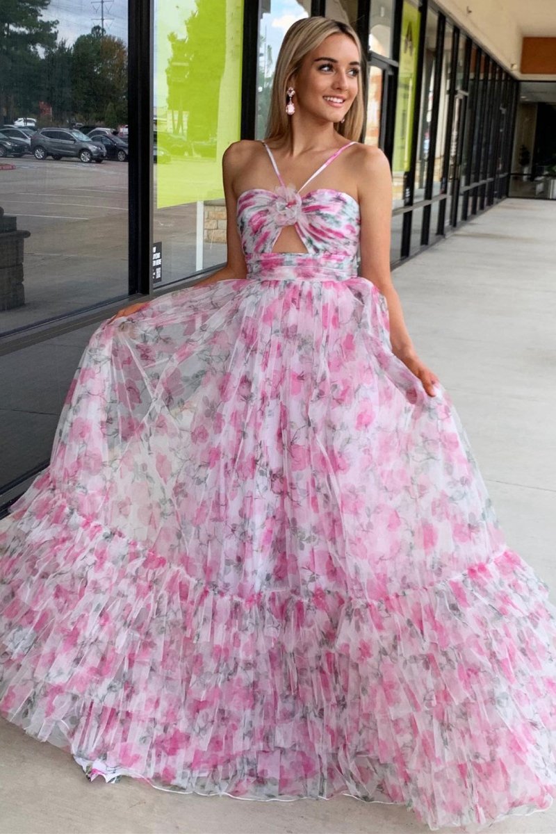 Print Halter Keyhole A-line Long Prom Dresses
