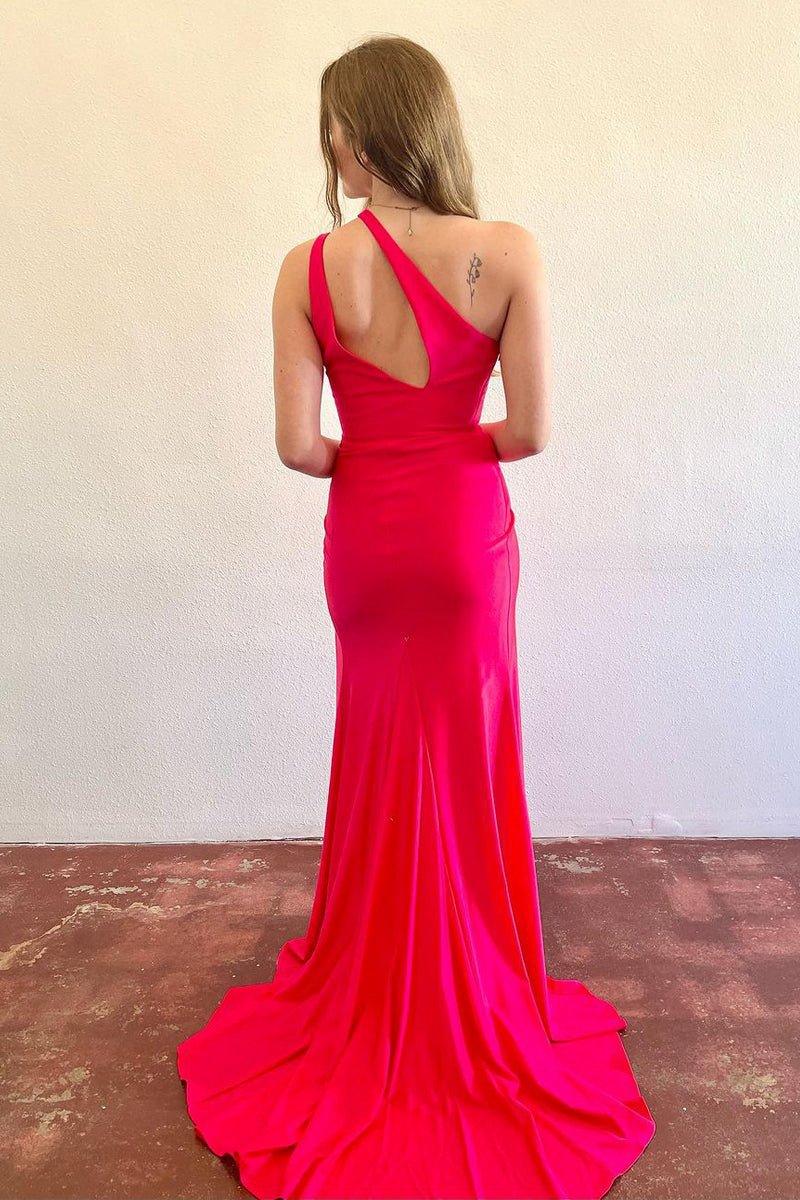 Simple Mermaid Satin One Shoulder Long Prom Dresses with Slit