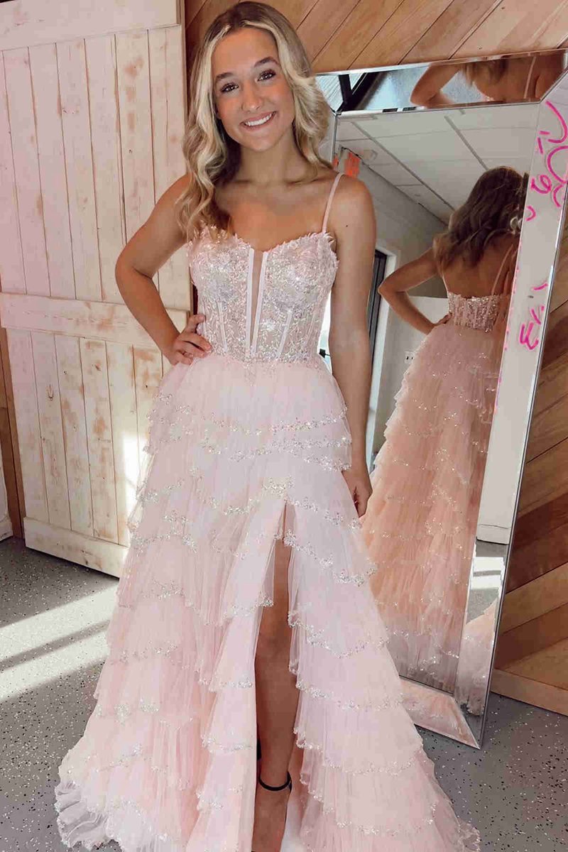 Straps Mesh Cutout Sequined Layered Long Prom Dresses
