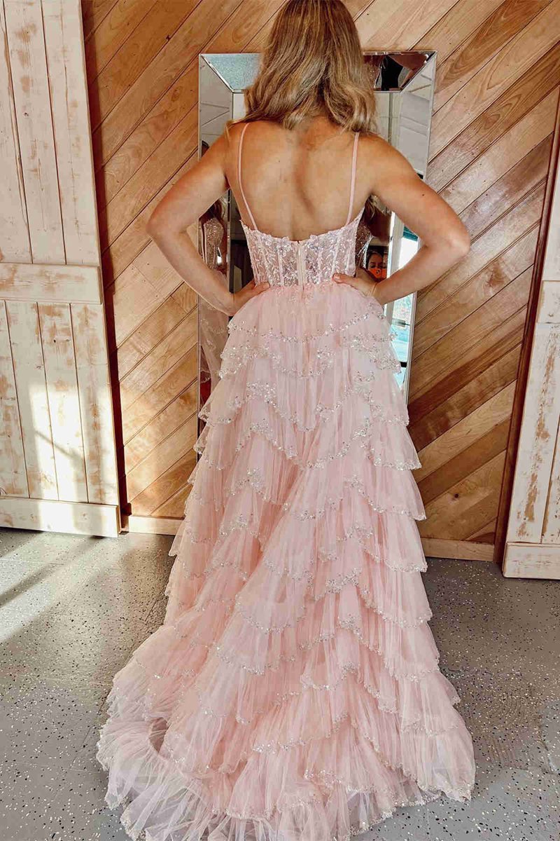 Straps Mesh Cutout Sequined Layered Long Prom Dresses