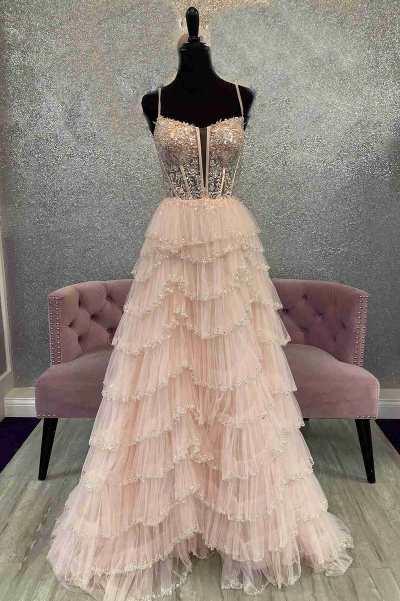 Straps Mesh Cutout Sequined Layered Long Prom Dresses