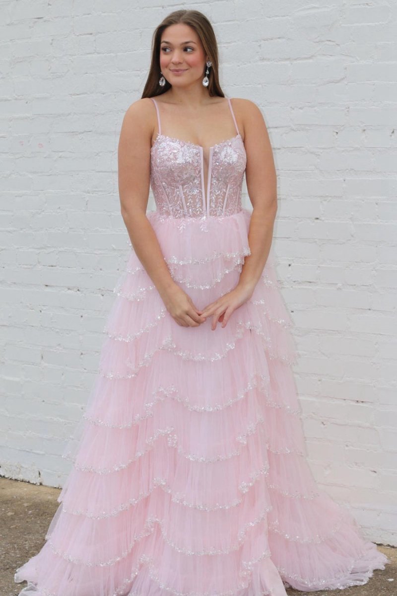 Straps Mesh Cutout Sequined Layered Long Prom Dresses