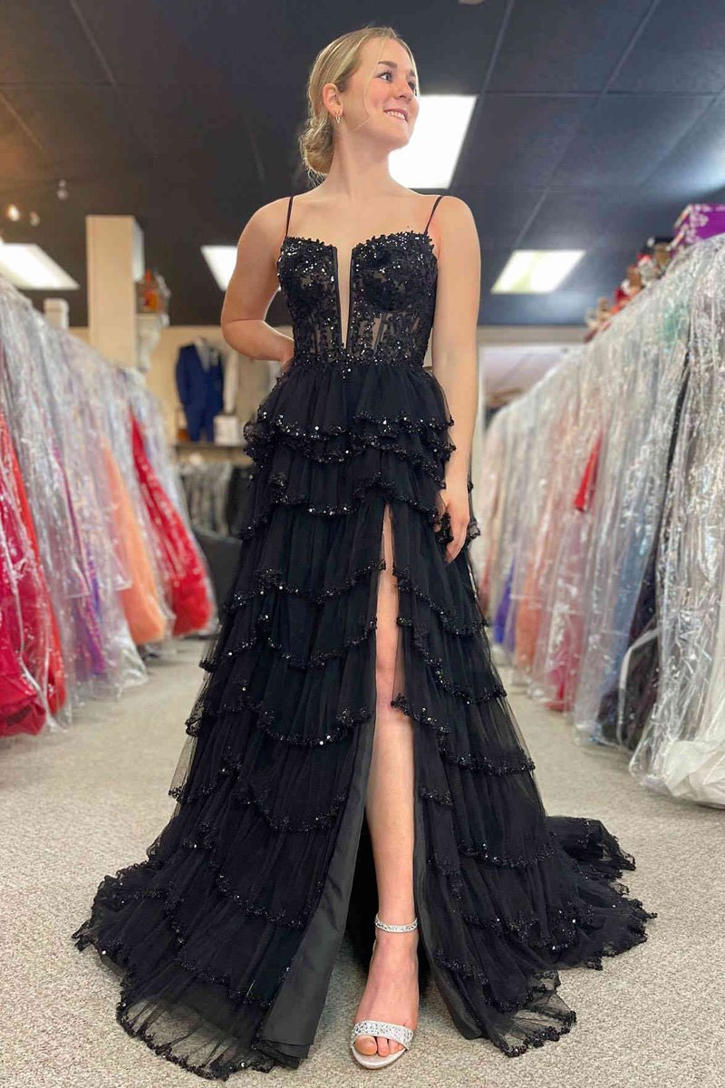 Straps Mesh Cutout Sequined Layered Long Prom Dresses
